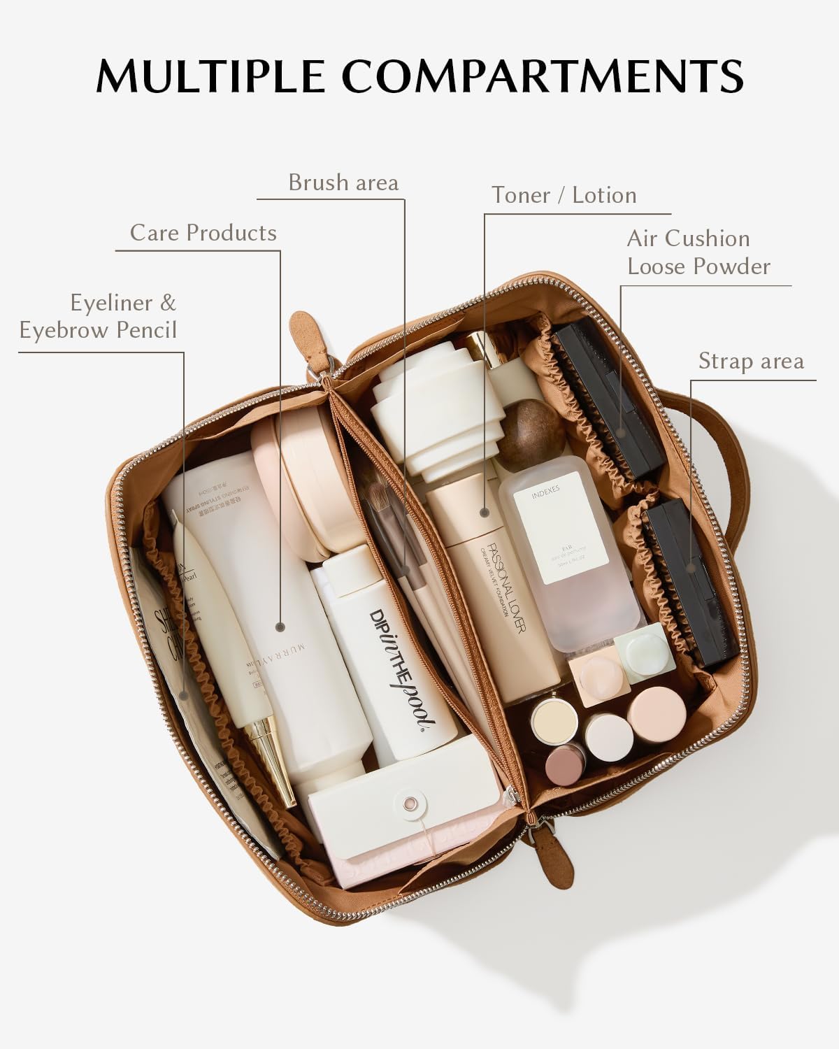 EACHY Leather Makeup Bag, Portable 180° Wide-Open Flat Cosmetic Bag for Women, Large Capacity Make Up Organizer Makeup Pouch with Divider and Handle