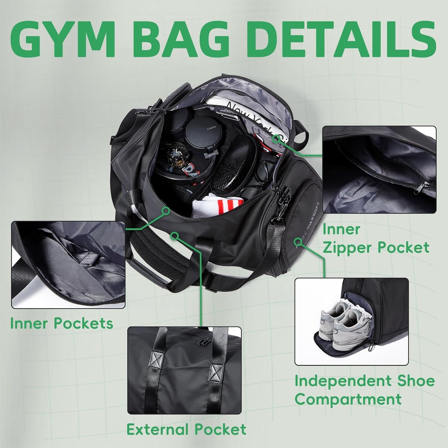 Gym Bag for Men with Shoe Compartment, 33L Duffle Bag for Traveling Overnight Weekend for Adults, Carry on Flight Approved, Black