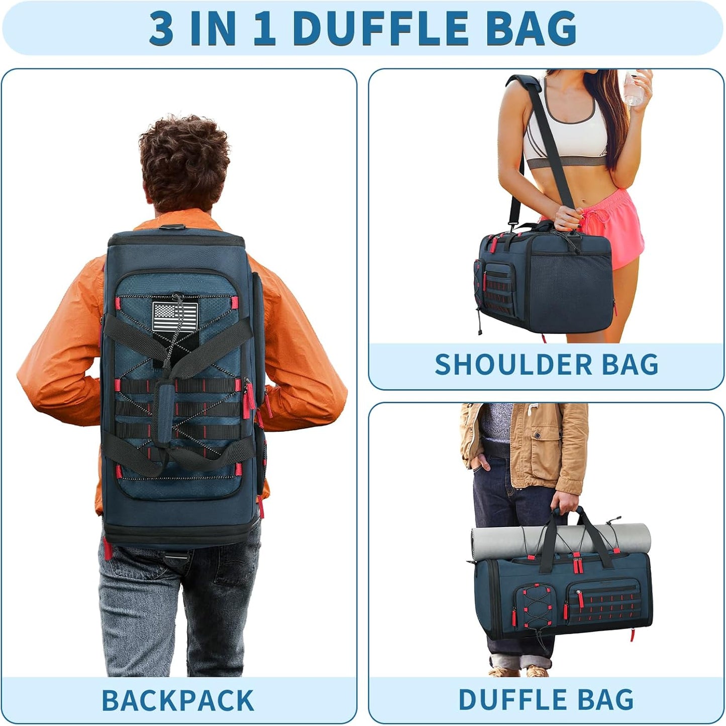 Bosstin Gym Bag for Men & Women,45L Travel Duffle Sports Duffel Bag Gym Weekender Overnight Backpack with Shoe Compartment (Blue)