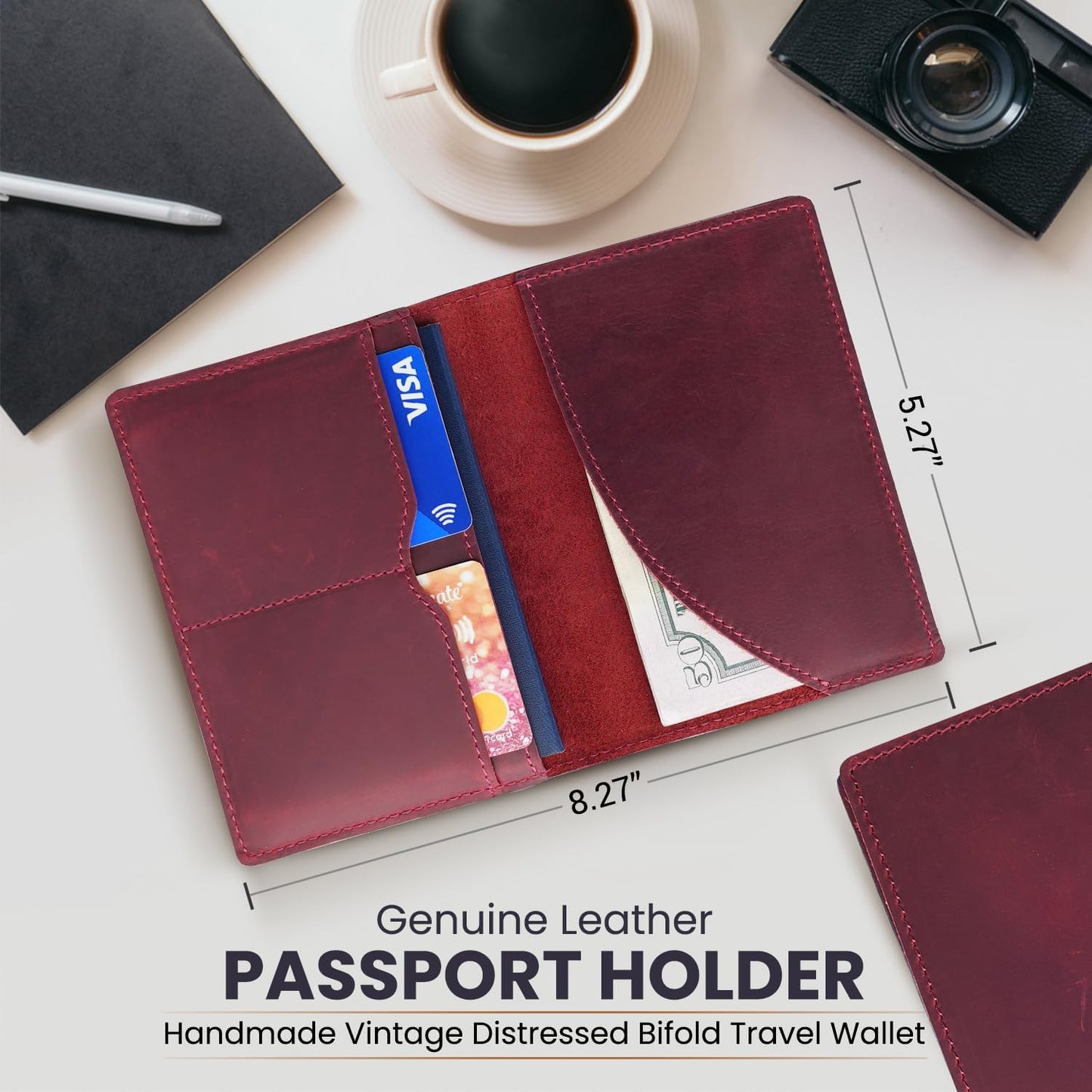 Leather Passport Holder with Travel Wallet, Genuine Leather Passport Cover- Passport Wallet, Leather Folding Wallet for Passports (Oval Cut, Red)