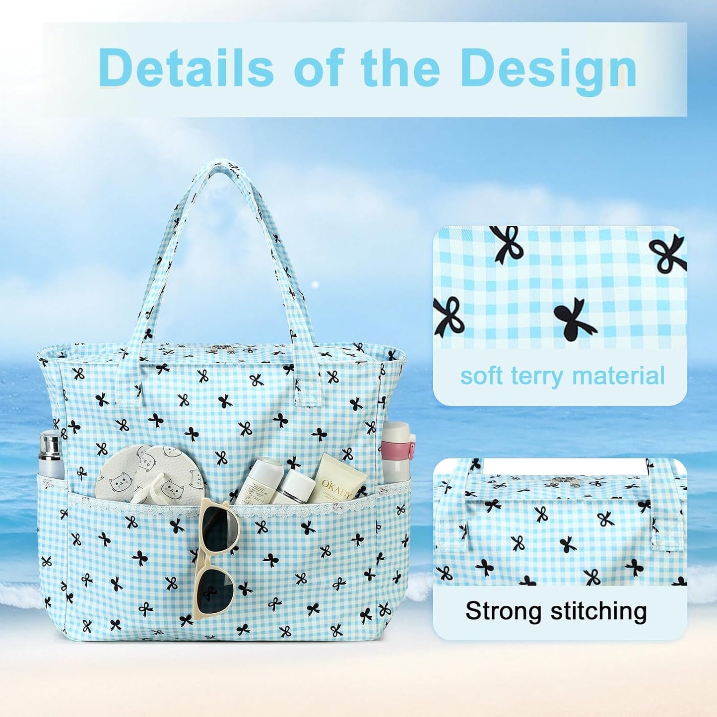 LEDAOU Large Beach Tote Bag Women Waterproof Sandproof Zipper Beach Tote Bag for Pool Gym Grocery Travel with Wet Pocket