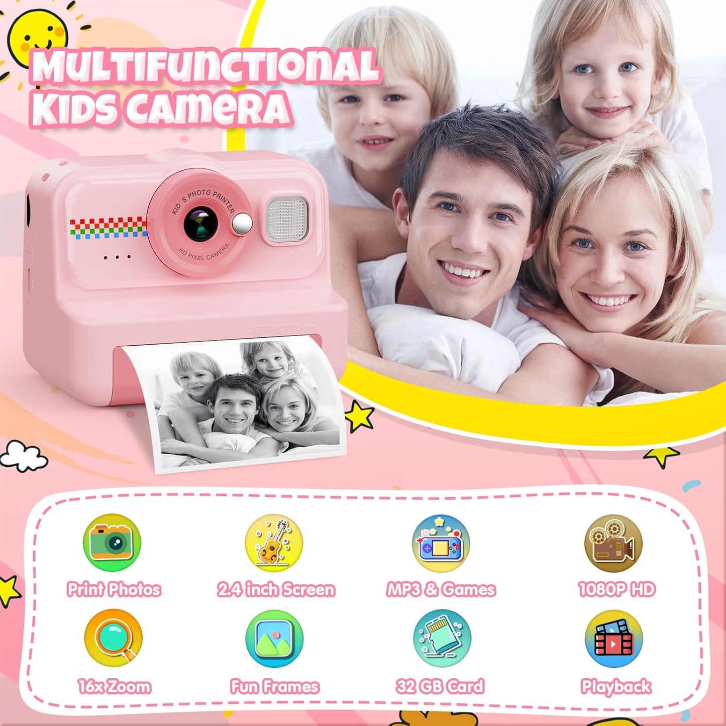 Kids Instant Print Camera, 1080P HD with 3 Rolls Print Paper & 32GB Card, Selfie Digital Camera for Kids, Ideal Gift for Boys & Girls Age 3-14 (Pink)