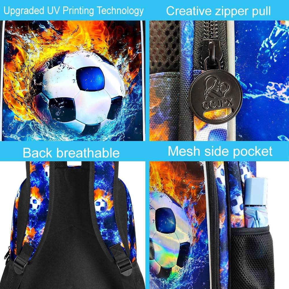 17" Soccer Backpack for Boy, 3Pcs Football School Backpacks with Lunch Box, Kids Bookbag for Elementary Preschool Kindergarten(Blue)