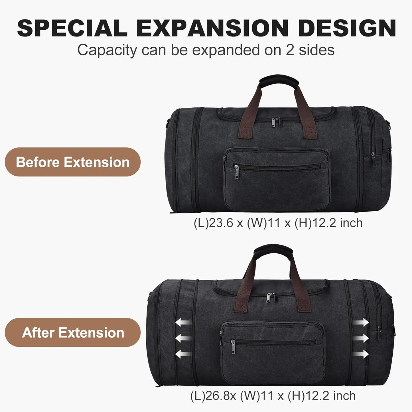 Felipe Varela 60L Duffle Bag for Men, Large Canvas Expandable Duffle Bag for Travel, Mens Carry on Luggage Weekender Gym Overnight Duffel Bags for Traveling, Black