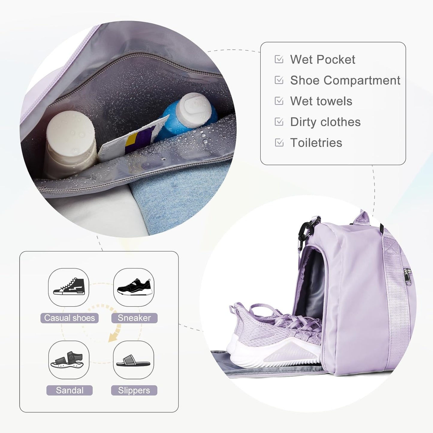 Gym Bag for Women Men with Shoes Compartment,Sports Duffle Bag Personal item travel Duffel Bags Tote Bag Small Carry on Weekender Overnight Bag Workout Dance Bag Hospital Holdalls Light Purple