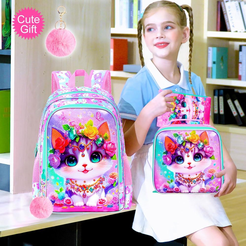 16" Cat Backpack for School, Girls Kids Bookbag with Lunch Box，3Pcs Backpacks for Elementary Preschool Kindergarten (Pink)