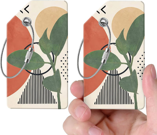 2 Luggage Tags, (1" Smaller Than Traditional) Perfect for Quick Luggage Identification with Stainless Steel Ring and Address Card for Travel and Luggage (Green Leaves)