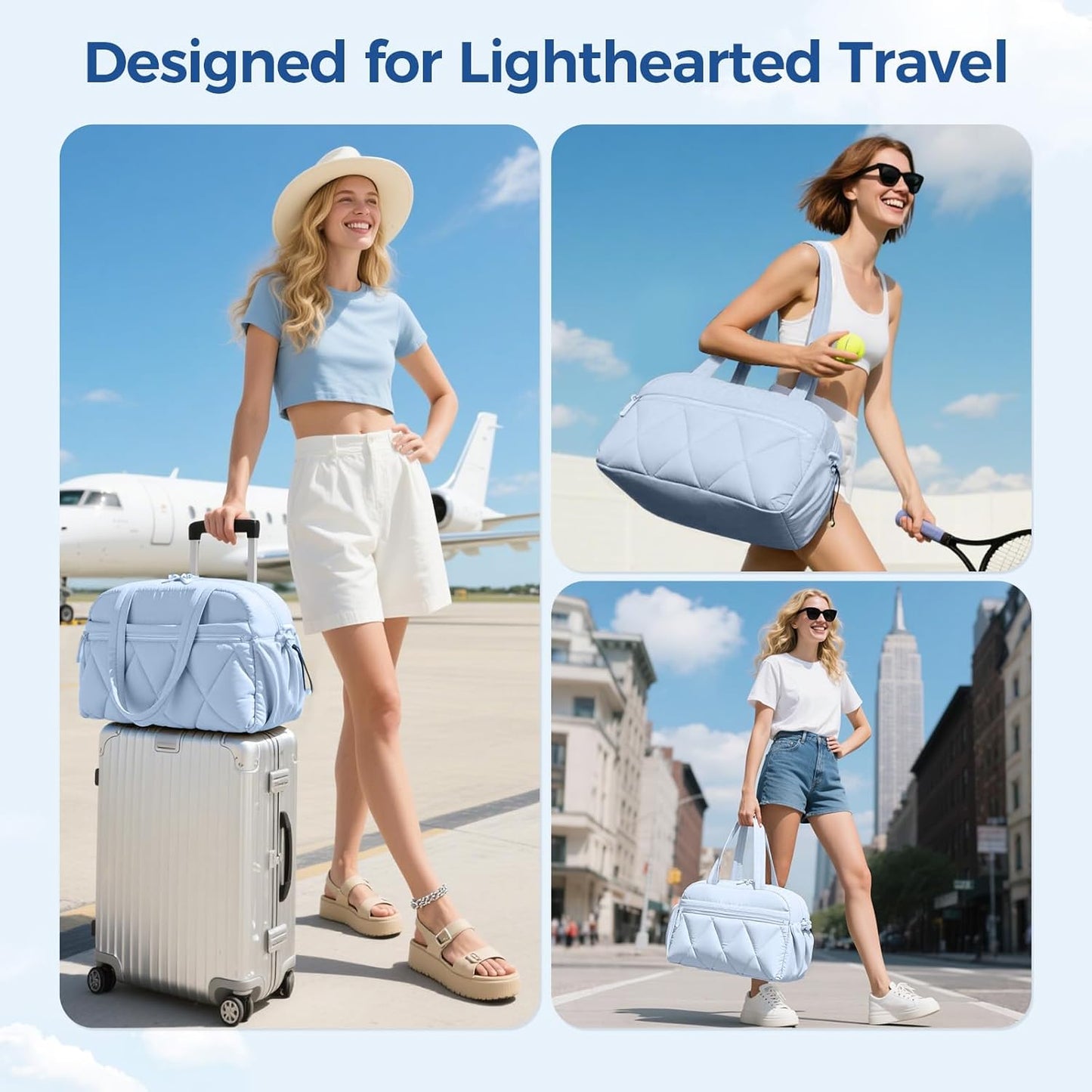 Gym Bag for Women, Puffer Travel Duffle Bag With Shoes Compartment & Wet Pocket, Carry On Tote Bag For Weekender, Overnight, Sport (Navy Blue)