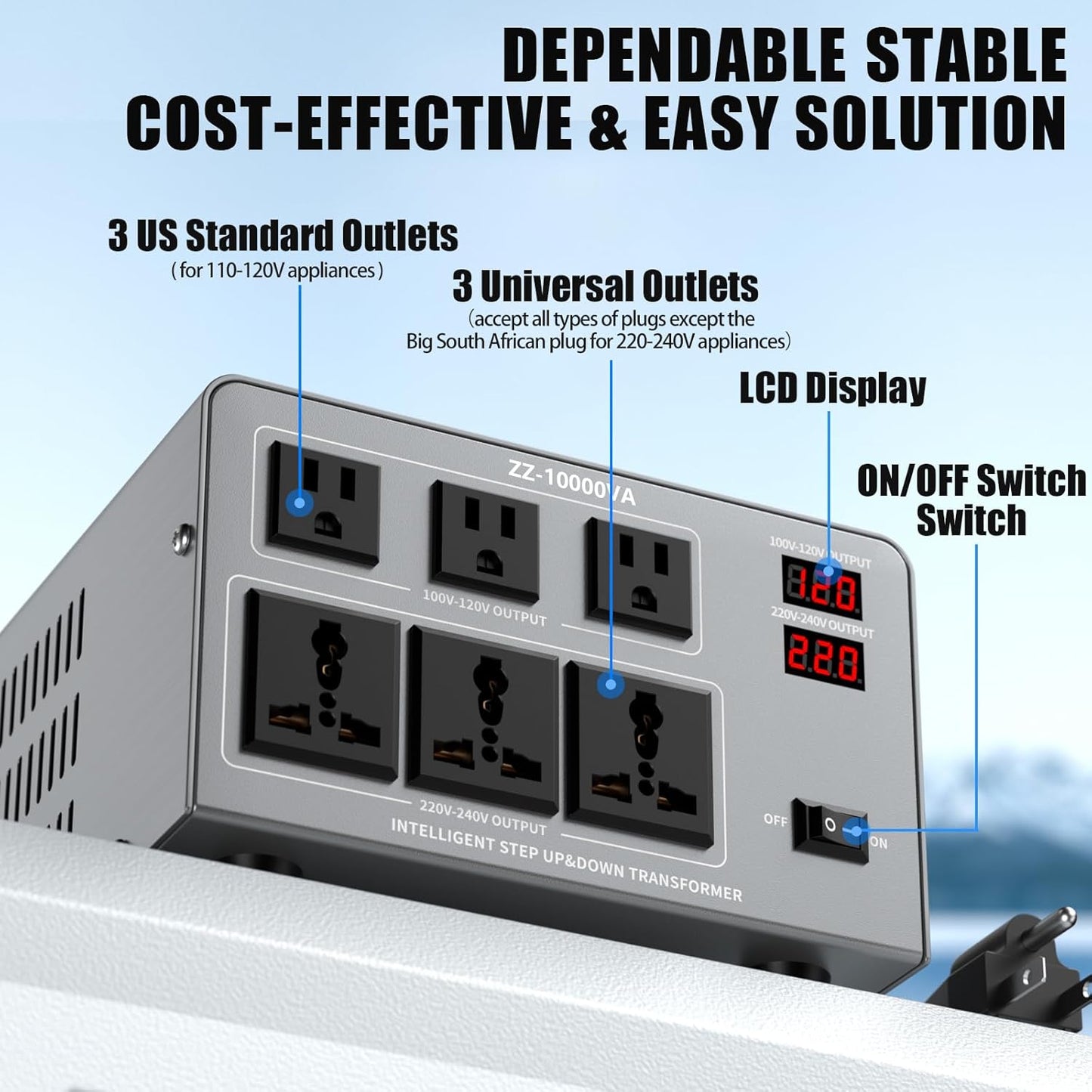 10000W Voltage Converter Auto Transformer,110/120/220/240V Heavy Duty Step Up/Down Power Converter Transformer with 3 US Outlets,3 Universal Outlets, LCD Display,Resettable Circuit Breaker Protection