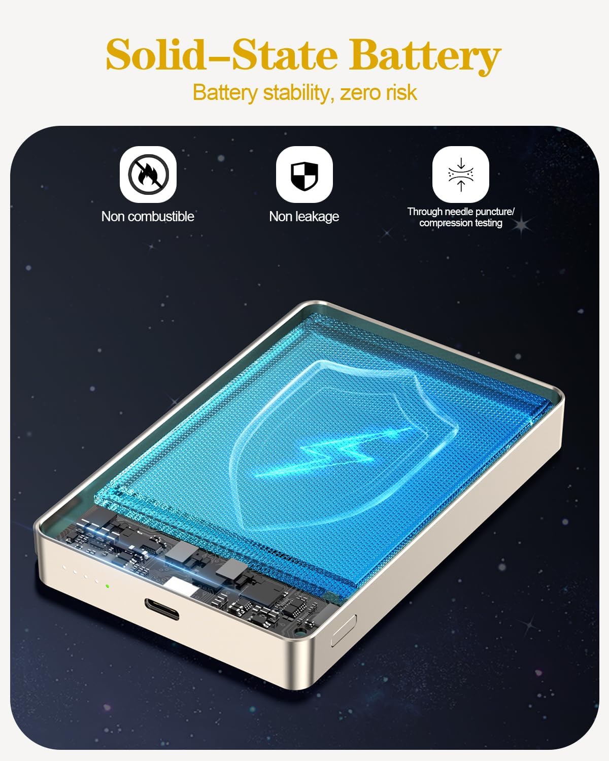 10000mAh Solid State Power Bank, PD 20W Portable Charger, 15W Magnetic Wireless Battery Pack, Compatible with iPhone 17 Pro Max Air/16/15/14/13/12 Series (Gold)