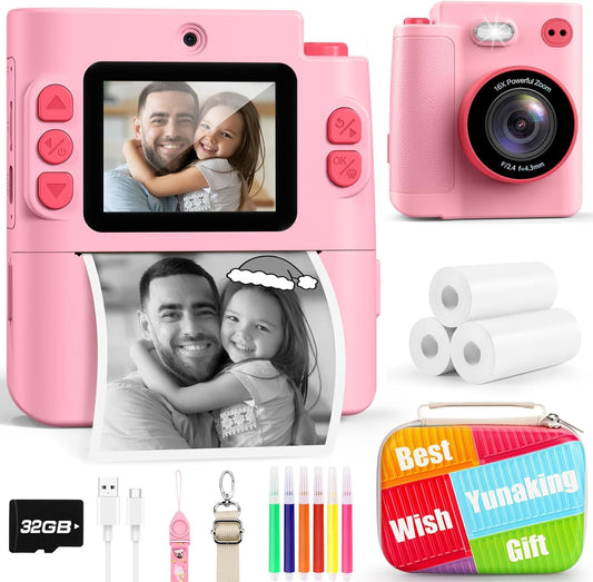 Gift for Girls Kids Camera: Instant Print Dual Lens Digital Camera Toys for Girl 3-12 Birthday Christmas Valentines Gifts for Kid Girls Boys Ages 3 4 5 6 7 8 9 10 with 32G SD Card Storage Bag Pink