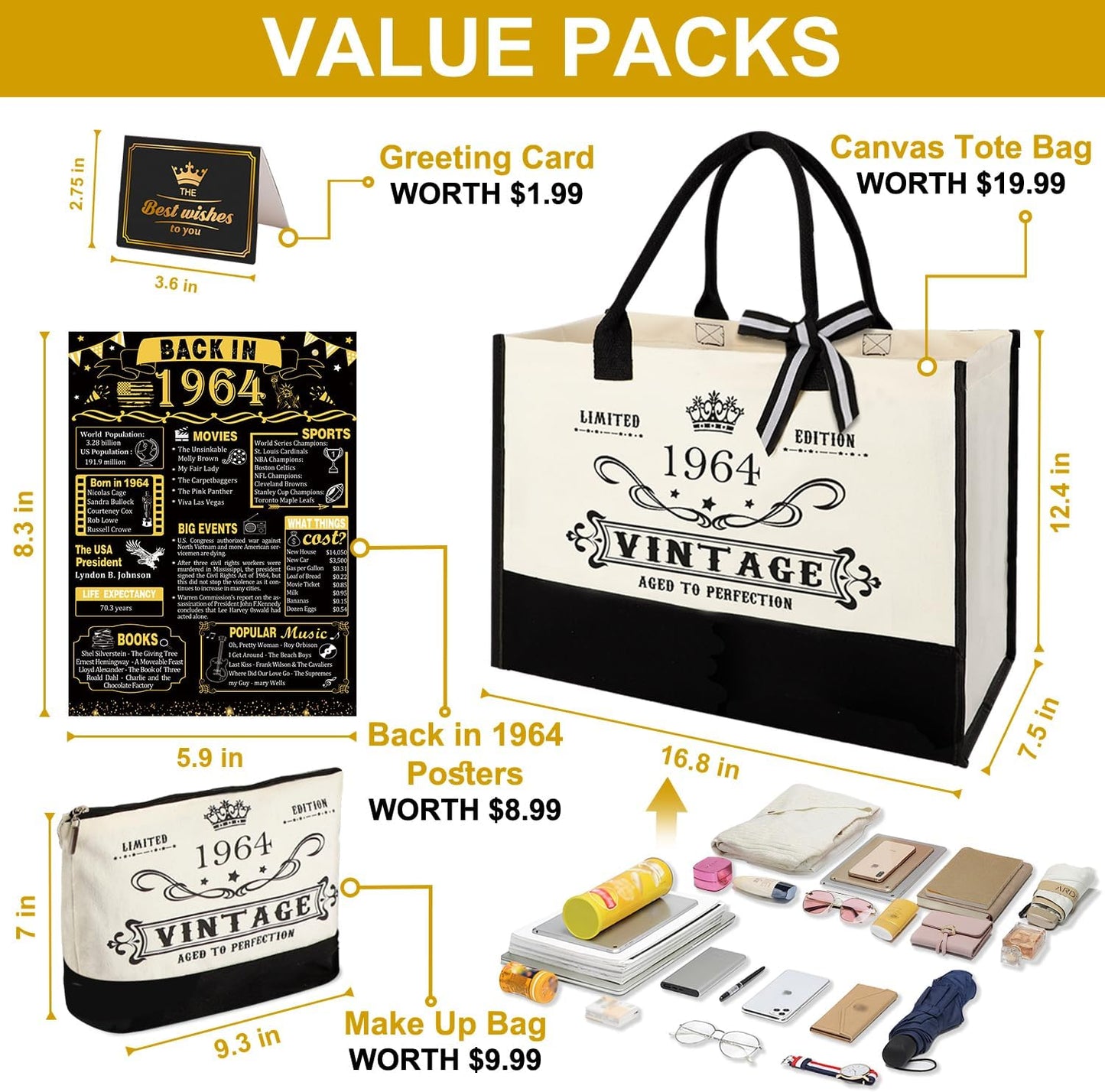 YeohJoy 61st Birthday Gifts for Her Canvas Tote Bag Travel Gear, Unique 61 Years Old Birthday Gifts for Girlfriend Sister Friends Women, Vintage 1964 Handbag & Cosmetic Bag & Back in 1964 Poster