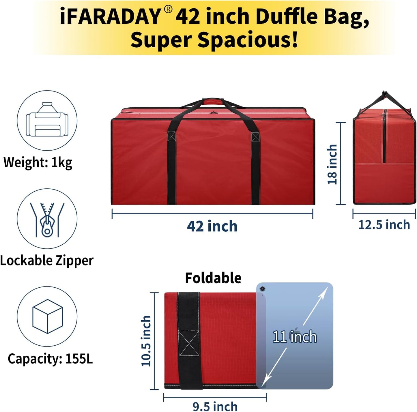 155L Extra Large Duffle Bag - 42 inch Heavy Duty & Water Resistant Duffel Bag Durable Luggage Storage Bag for Camping, Travel, Sports (Red)