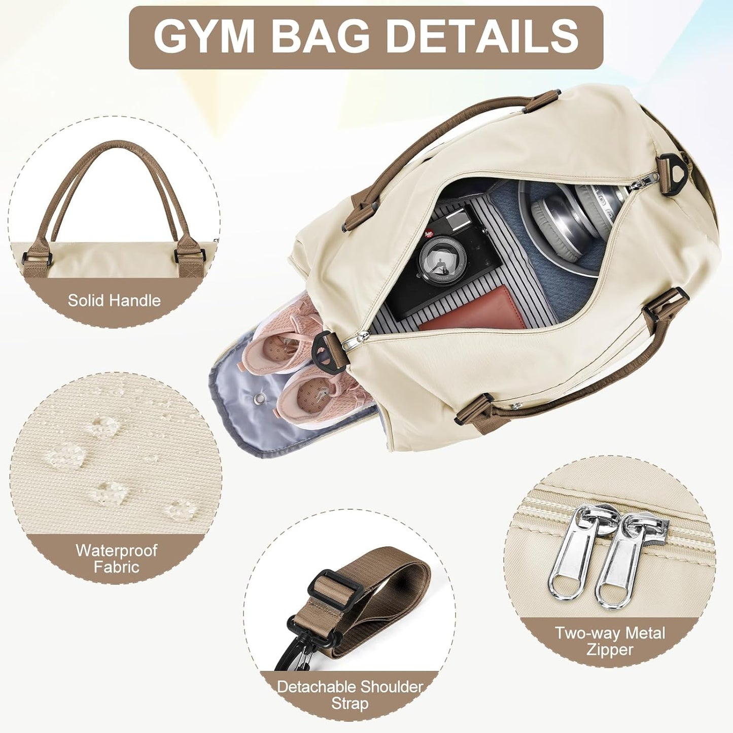 Gym Bag for Women Men with Shoes Compartment,Sports Duffle Bag Personal item travel Duffel Bags Tote Bag Small Carry on Weekender Overnight Bag Workout Dance Bag Hospital Holdalls Beige Brown