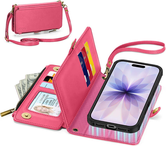 TUCCH Detachable Crossbody Case Wallet for iPhone 17 (6.3"), Wireless Charging | RFID Blocking 9 Card Holders | Lanyard | Wrist Strap | Stand | Zipper Pocket | PU Leather | Magnetic Cover | Hot Pink