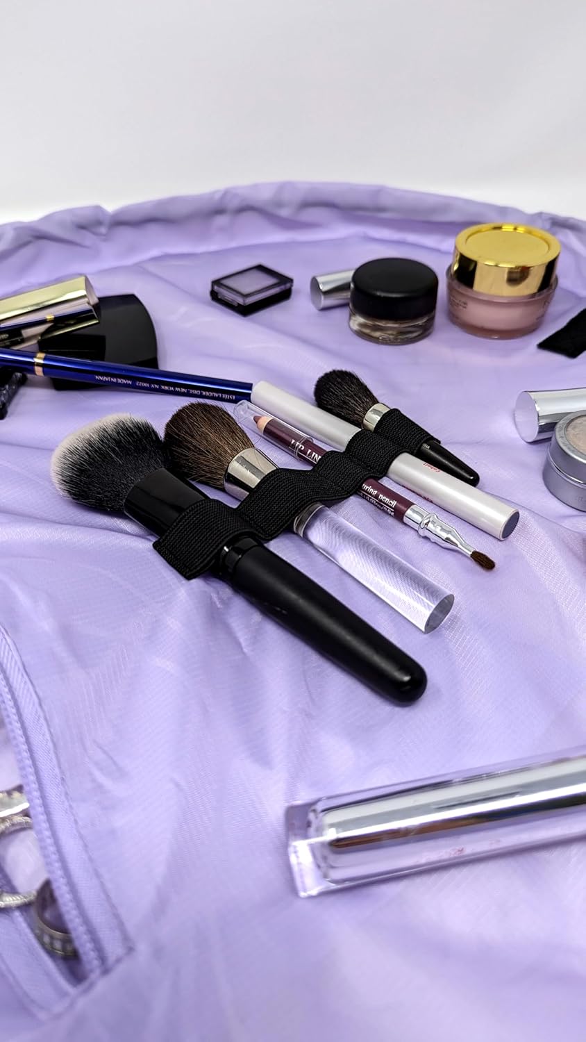 Lay-n-Go Cosmo Layflat Drawstring Cosmetic & Makeup Bag Organizer - Portable Drawstring Bag w/Zipper Pocket, Makeup Loops & More - Durable, Machine Washable Toiletry Bag for Travel (20", Quilted)