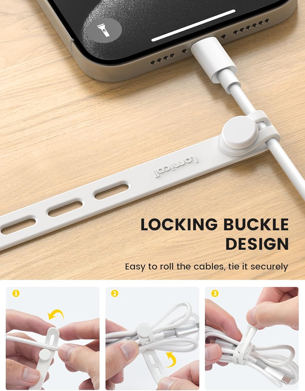 10Pack Silicone Cable Ties Cord Organizer - Lamicall Elastic Wire Ties Management, Travel Must Haves, Halloween Desk Home Office Workspace Accessories, Dorm Room Essentials, White Cable Keeper