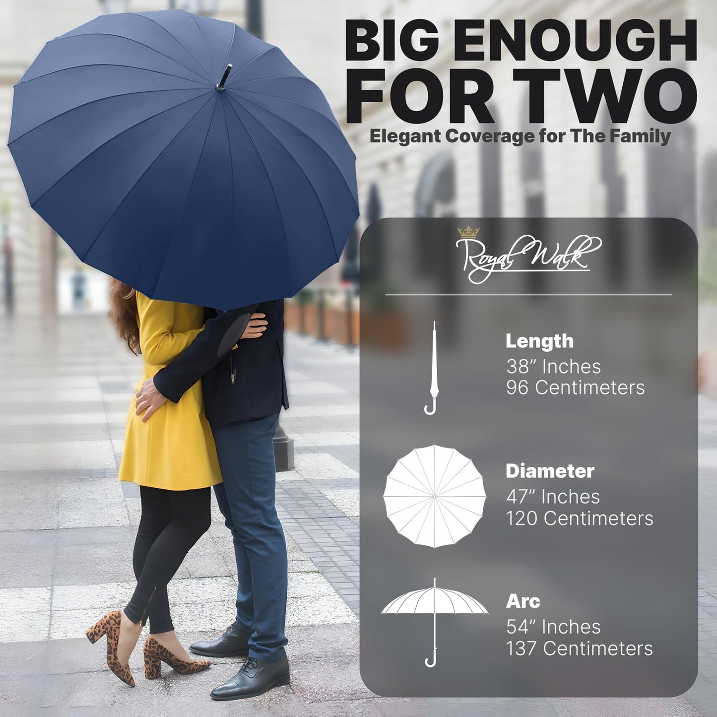 Royal Walk Windproof Large Umbrella for Rain 54 Inch Automatic Open for 2 Persons Wind Resistant Big Golf Umbrellas for Adult Men Women Classic Wooden Handle Fast Drying Strong 16 Ribs Travel 120cm