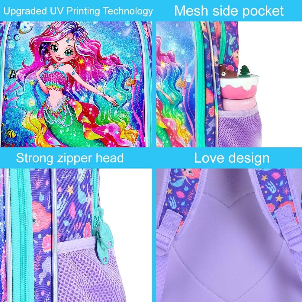 16" Mermaid Backpack, 3Pcs School Bookbag for Girls with Lunch Box, Kids Backpacks for Elementary Preschool Kindergarten(Purple)