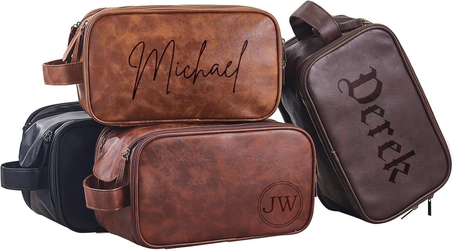 Personalized Leather Toiletry Bag for Men, Large Travel Shaving Dopp Kit Water-resistant Toiletries Organizer PU Leather Cosmetic Bags For Groomsmen Gifts Custom Laser Engraved Leather Gift