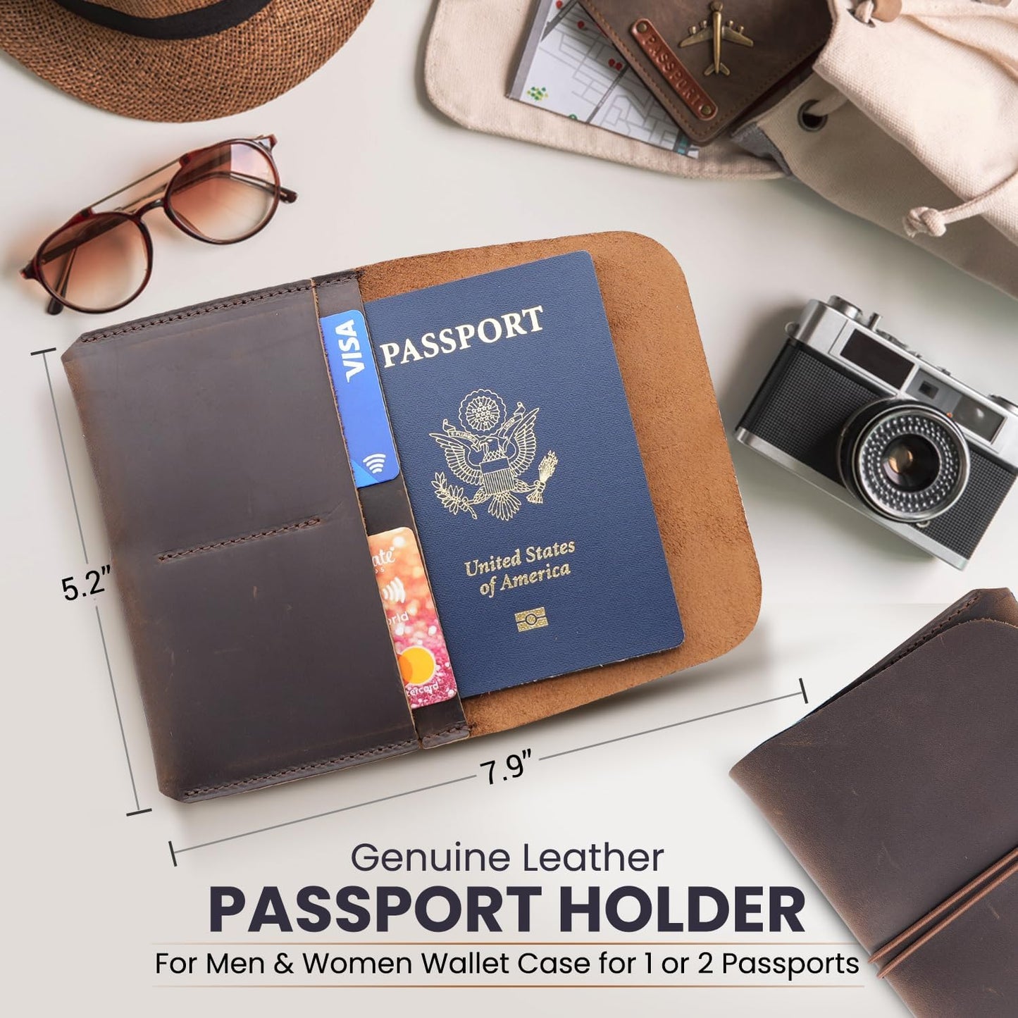 Leather Passport Holder with Travel Wallet, Genuine Leather Passport Cover- Passport Wallet, Leather Folding Wallet for Passports (Strap, Dark Brown)