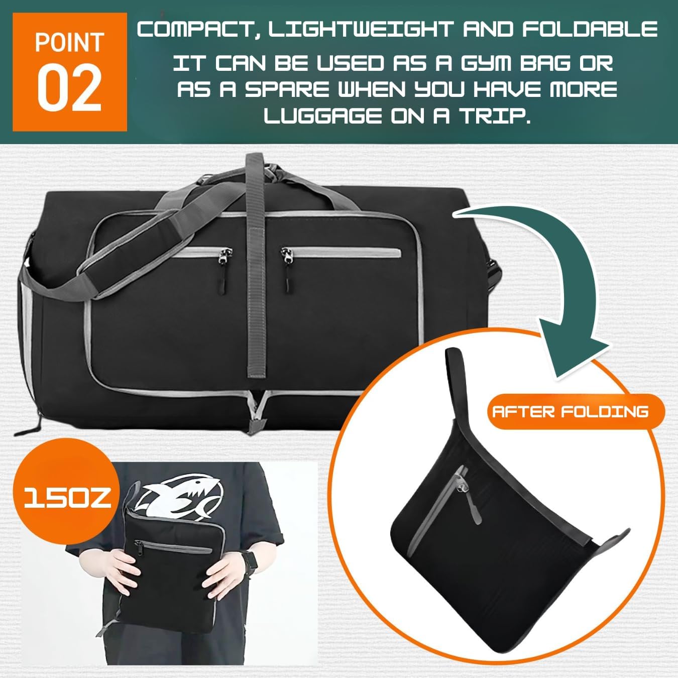Travel Bag Gym Bag Folding Boston Bag Duffel Bag Carry On Large Capacity 65L Waterproof With Shoe Bag No Logo (Black, 24.8inch×11.4inch×13.8inch)