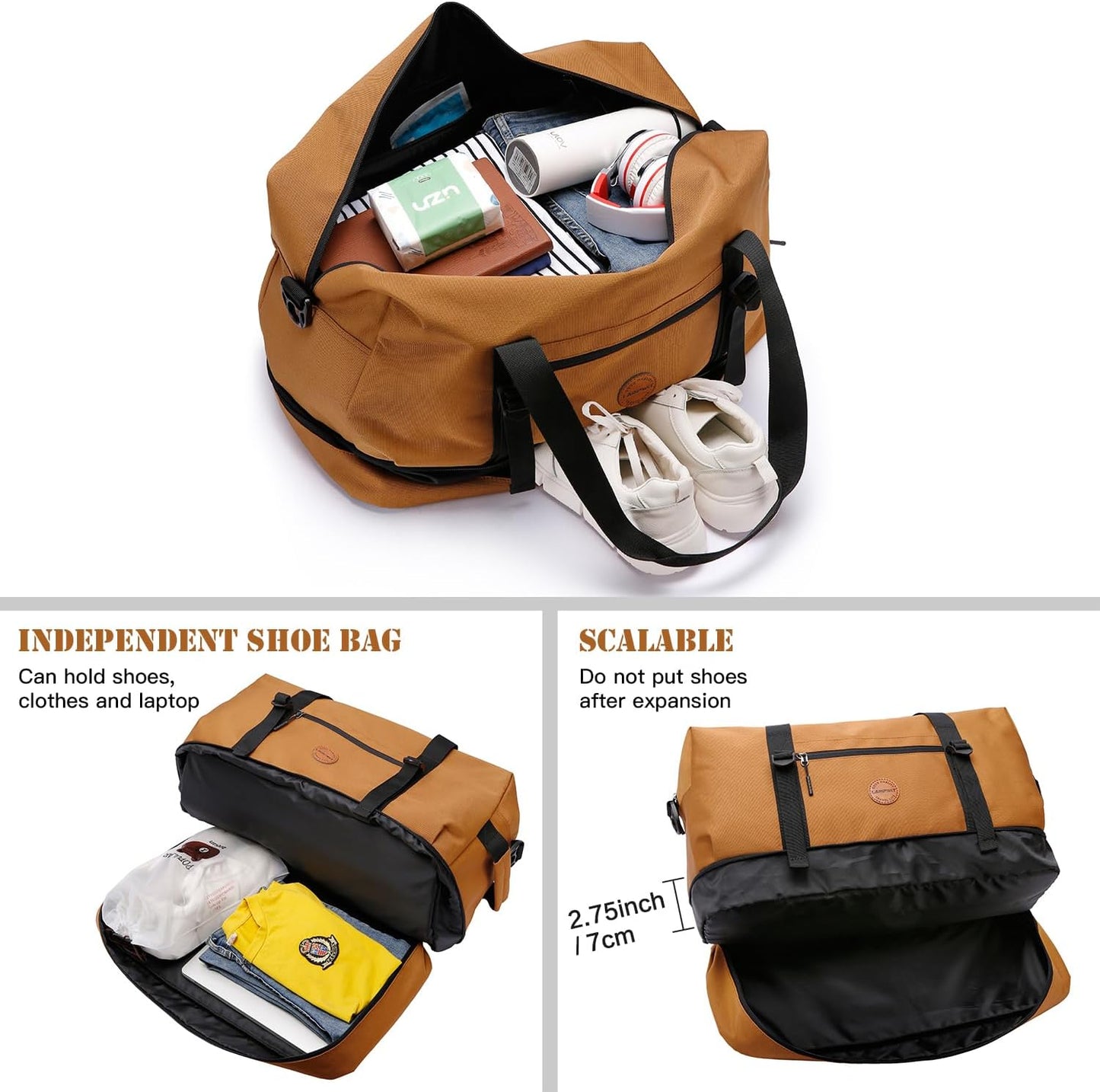 Laripwit Duffle Bag Large Size Gym Bags for Men Waterproof Travel Duffel Bag for Women Weekender Bag with Shoes Compartment Overnight Bag 55 L, Brown