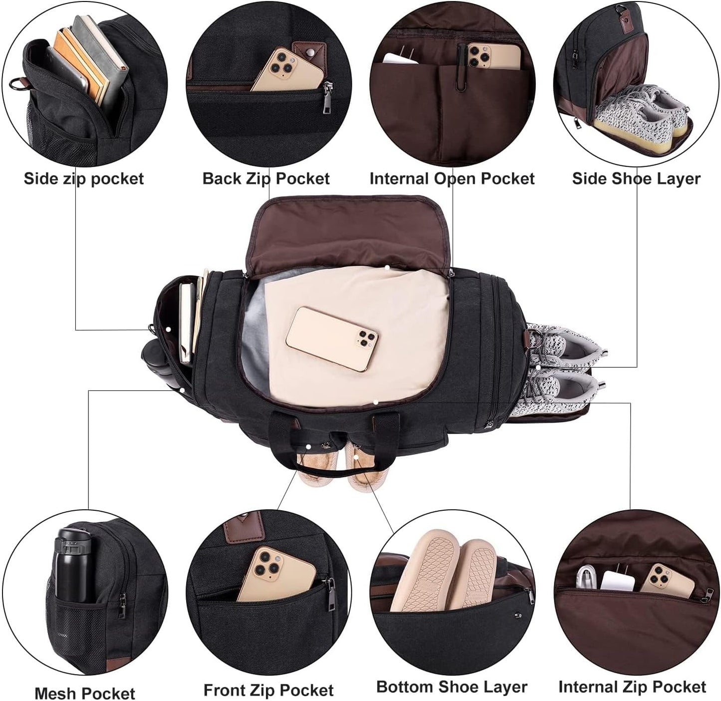 Leather Travel Bag with Shoe Pouch,Weekender Overnight Bag Waterproof Leather Large Carry On Bag Travel Tote Duffel Bag for Men or Women-Dark Grey