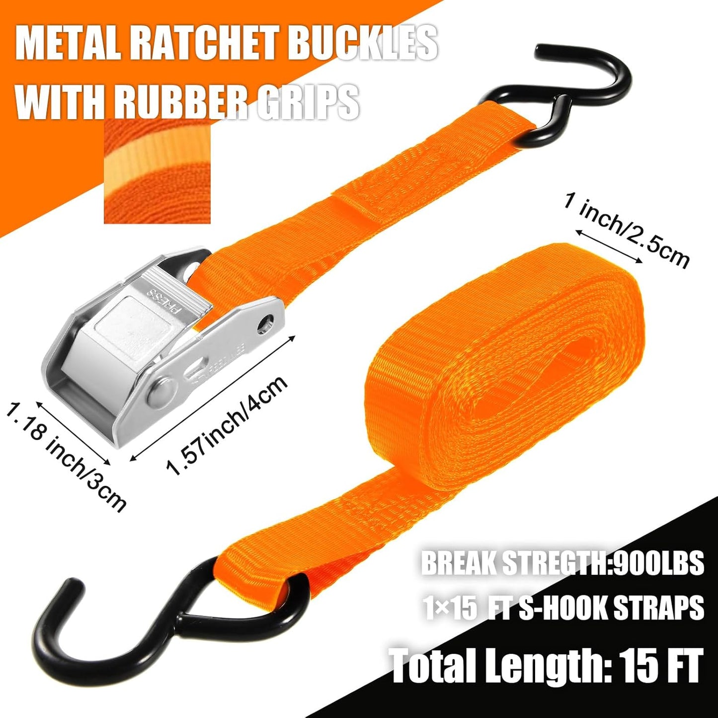 16 Pcs Cambuckle Tie Down Straps 1763lbs Break Strength Securing Straps 1'' x 15 ft Cambuckle Tie Downs with S Hook for Motorcycle, Kayak, Car, Truck, Boat Moving, Securing Cargo(Orange)