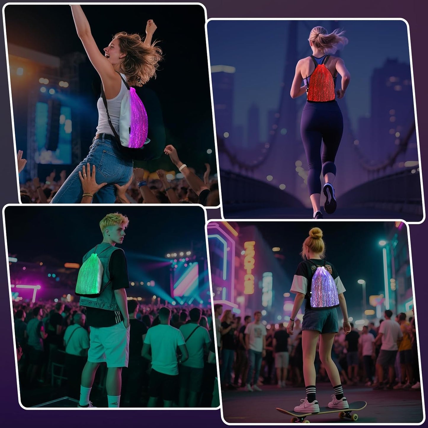 LED Backpack Drawstring Bag Gym Bags Light up Purse 7 Colors Rave Gear Rucksack for Bike Hiking festival carnival (White)