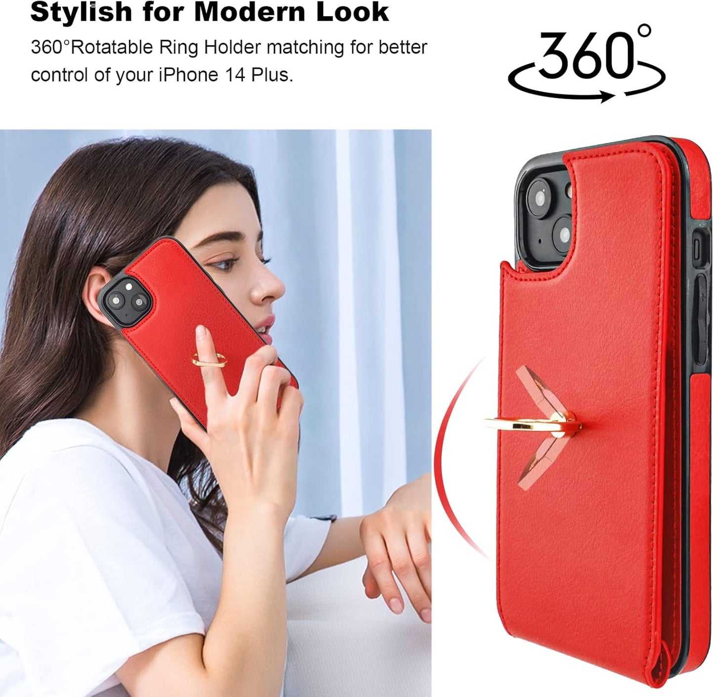 Folosu Compatible with iPhone 14 Plus Case Wallet with Card Holder, 360°Rotation Finger Ring Holder Kickstand, RFID Blocking Leather Protective Double Buttons Shockproof Cover 6.7 Inch Red