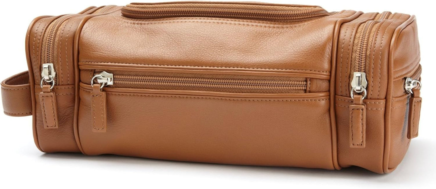 Leatherology Cognac Multi Pocket Toiletry Bag - Main top zippered compartment with additional side and front zippered pockets