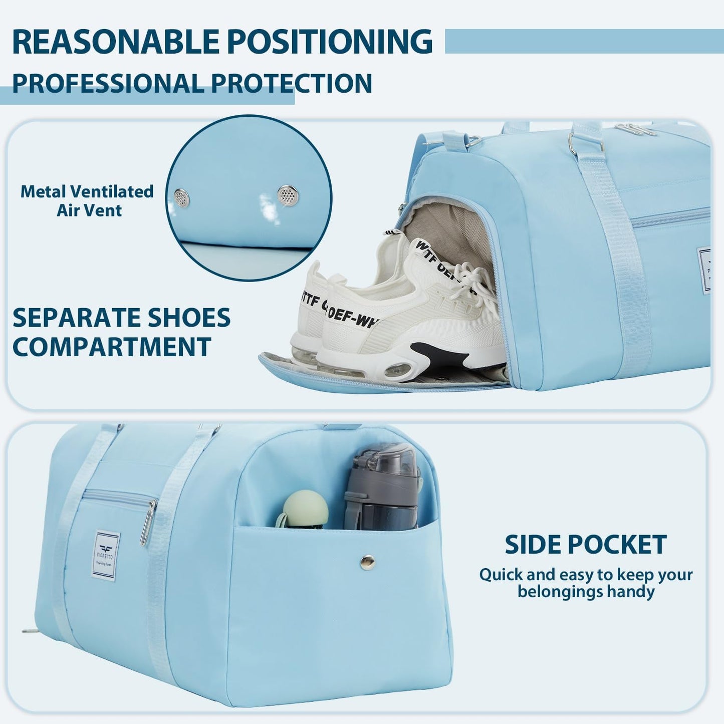 FIORETTO Womens Gym Tote Duffle Bag with Wet Pocket & Shoe Compartment, Sports Duffel Overnight Weekender Hospital Workout Carry on Bag for Girls, Ideal for Travel, Swimming, Dance, Ballet Light Blue