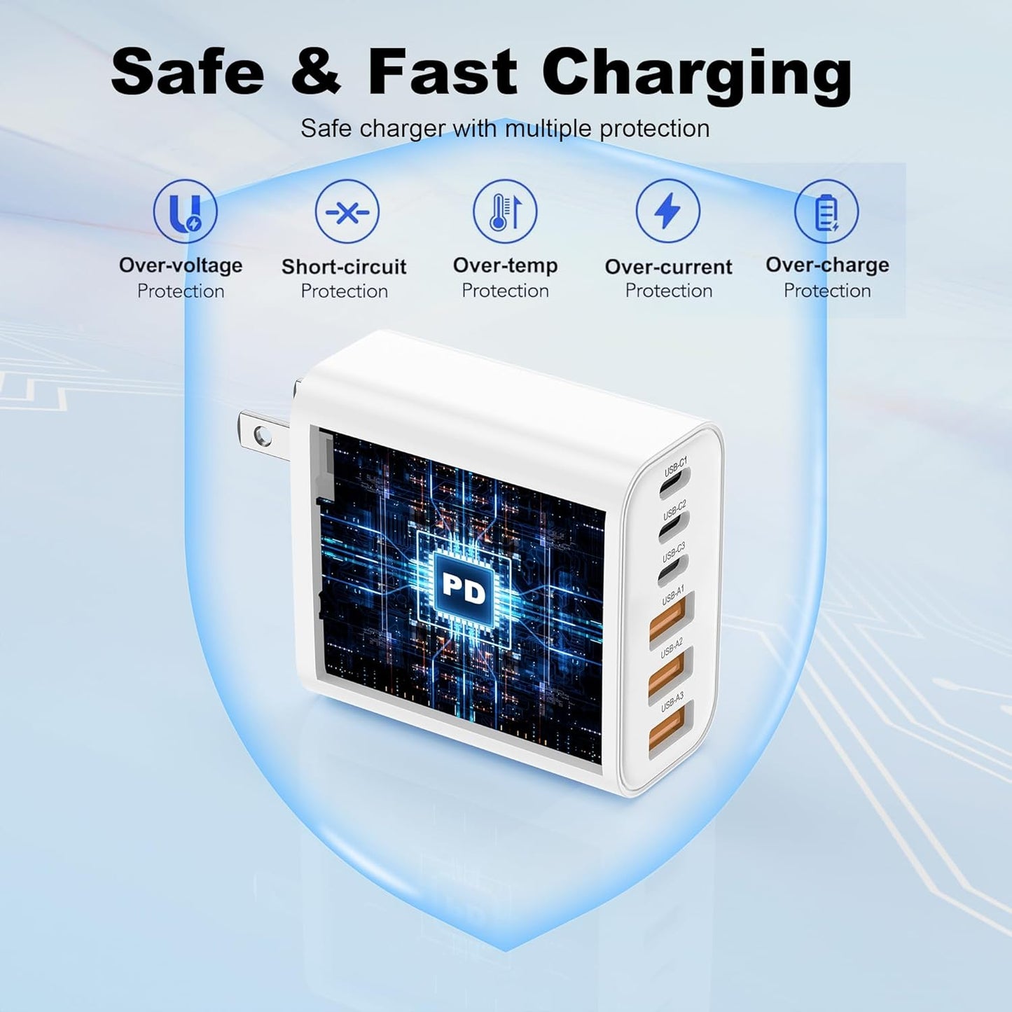 USB C Charger Block, 2-Pack 65W 6-Port USB C Wall Charger iPhone Charger Fast Charging PD Power Adapter+QC Wall Plug Multiport Type C Brick Chargers for iPhone 17 16 15 14 13 12 11 Pro Max XS,Blue