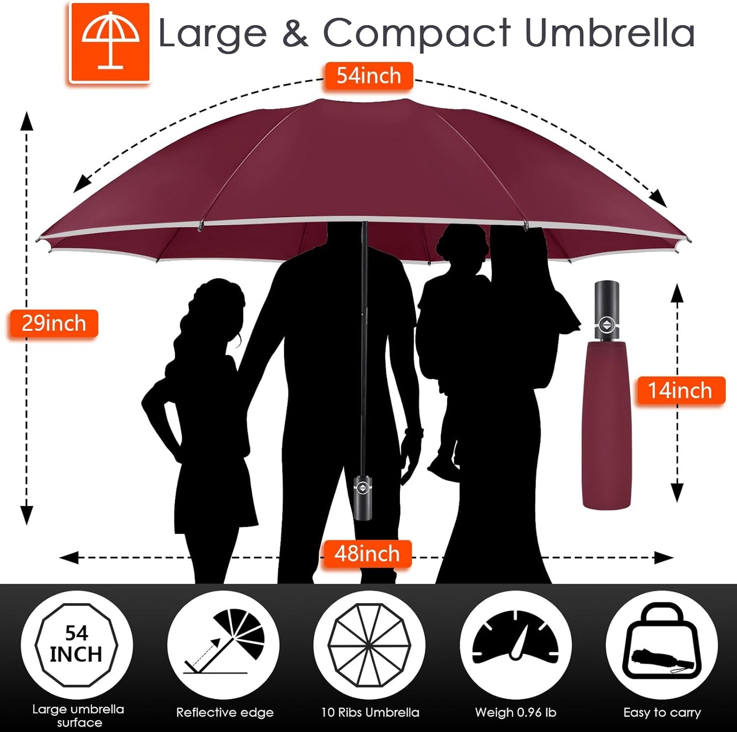 Bodyguard Inverted Umbrella - Large Windproof for Rain & Sun, Compact Reverse With Reflective Stripe, Teflon-Coated for Women Men, Travel Folding With Cover Bag