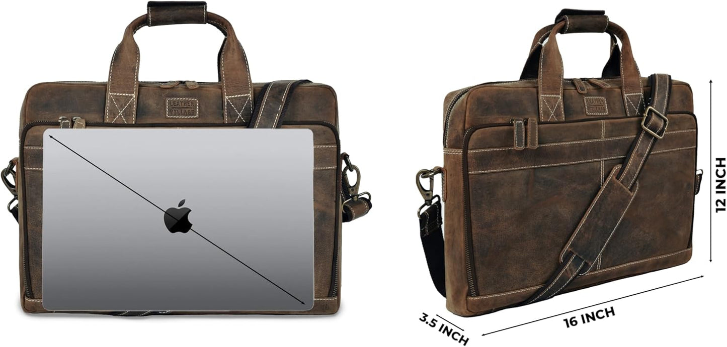 LEATHER VILLAGE 16" Leather Laptop Messenger Briefcase Bag for Men-Leather Satchel for Travel and Office Shoulder Bag- Rustic Brown