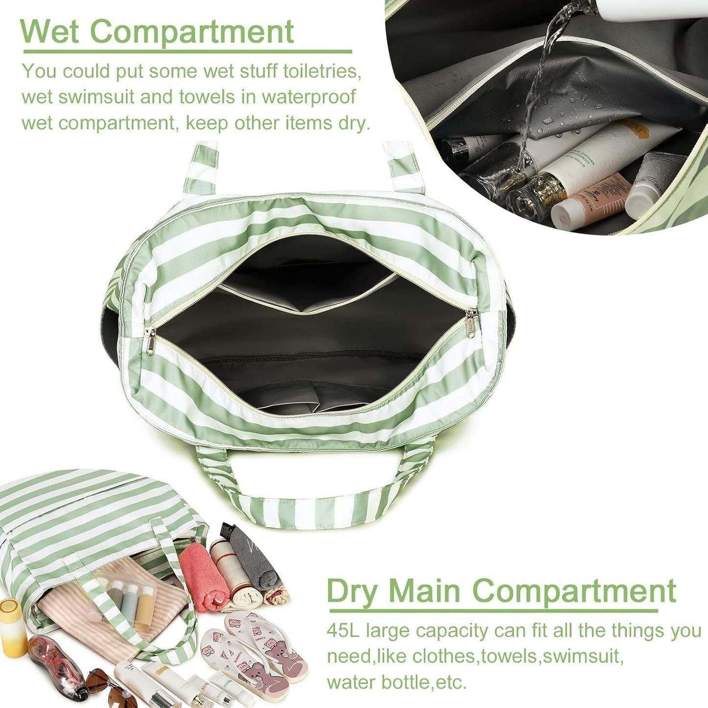 LEDAOU Beach Bag Waterproof Sandproof Women Tote Bag Pool Bag with Zipper for Gym Grocery Travel with Wet Pocket