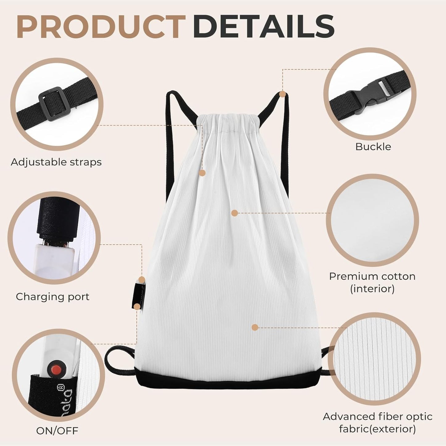 LED Backpack Drawstring Bag Gym Bags Light up Purse 7 Colors Rave Gear Rucksack for Bike Hiking festival carnival (White)