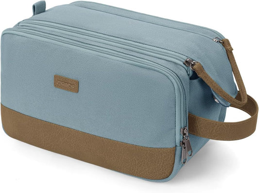 WANDF Toiletry Bag for Men Travel Toiletry Organizer Canvas and Leather Dopp Kit Water-Resistant Shaving Bag for Travel Accessories (Pale Blue, Large)