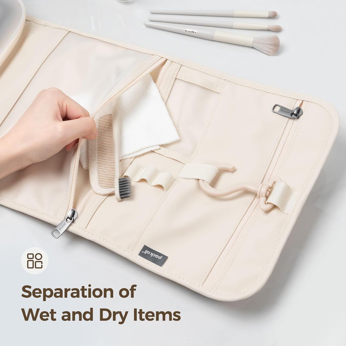 pack all Hanging Travel Toiletry Bag, Foldable Cosmetic Bag with Multiple Compartments, Water-Resistant Makeup Bag for Toiletries, Accessories (Light Beige)