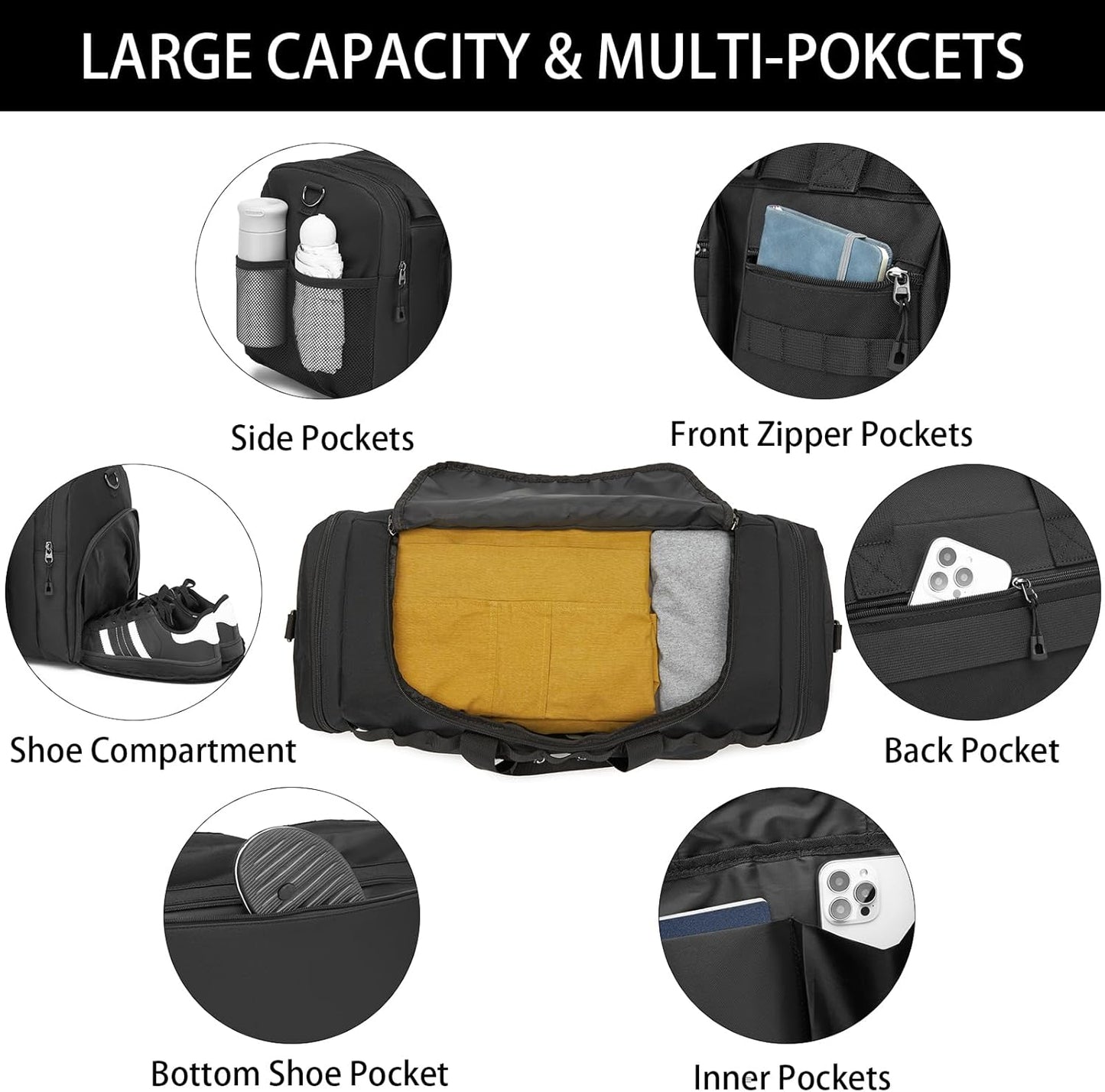 Tactical Gym Bag for Men,Carry On Duffel Bag with Shoe Compartment Gym Duffle bags for Travel Military Duffle Bags with Molle System for Weekend Overnight bag Women Black