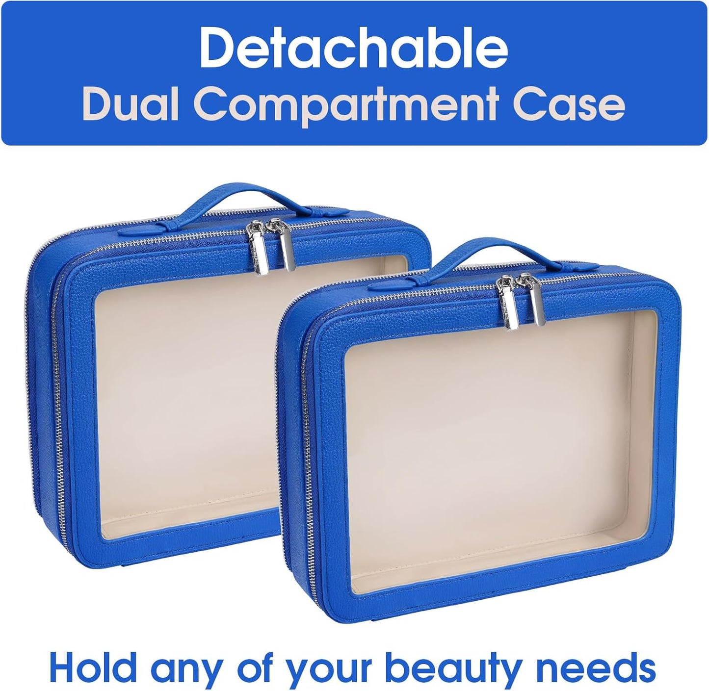 Clear Makeup Bag,Large Toiletry Case for Women,PU Leather Travel Cosmetic Bag,Detachable Makeup Case,Double Compartment Make up Organizer