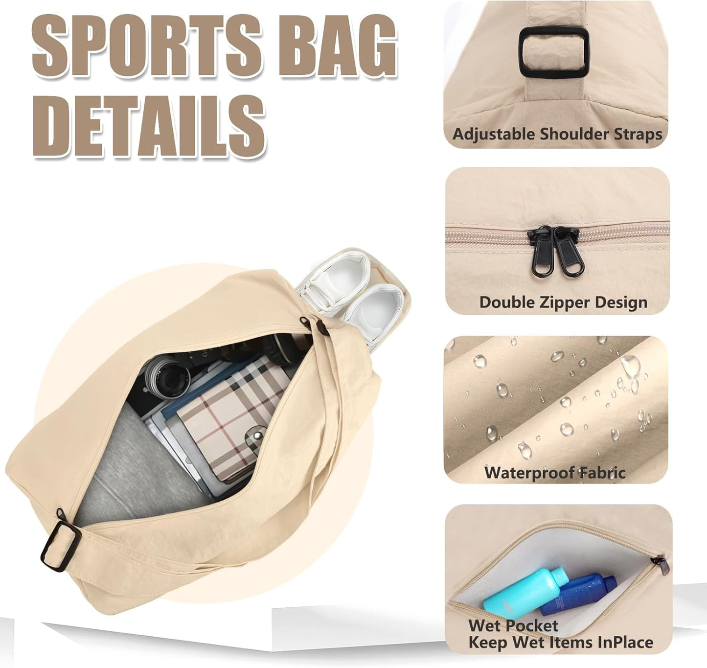 Small Gym Bag for Women with Shoes Compartment, Travel Duffel Overnight Bags for Women & Men, Weekend Carry on Bag - Sport Yoga Dance(Khaki)