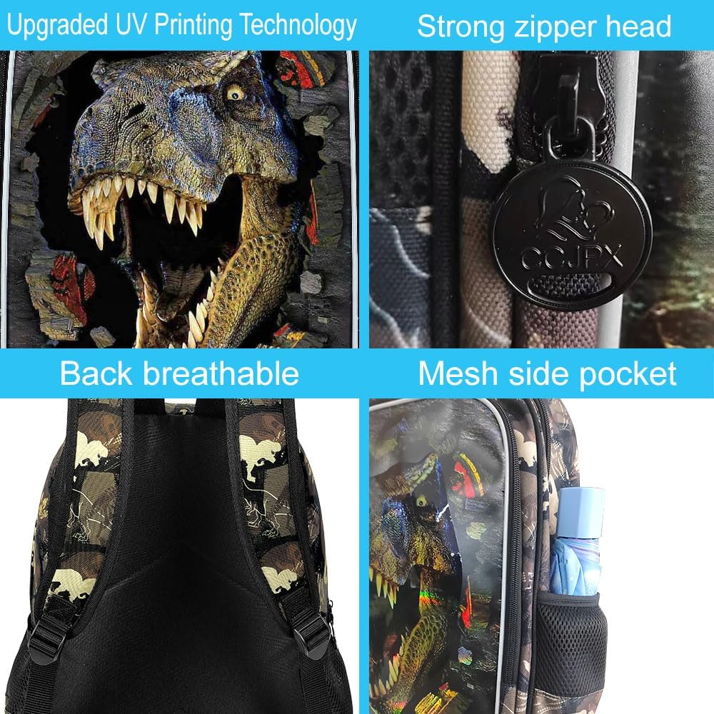 16" Dinosaur Backpack for Boy, 3Pcs Kids School Bookbag for Elementary Preschool Kindergarten, School Backpacks with Lunch Box(Black)