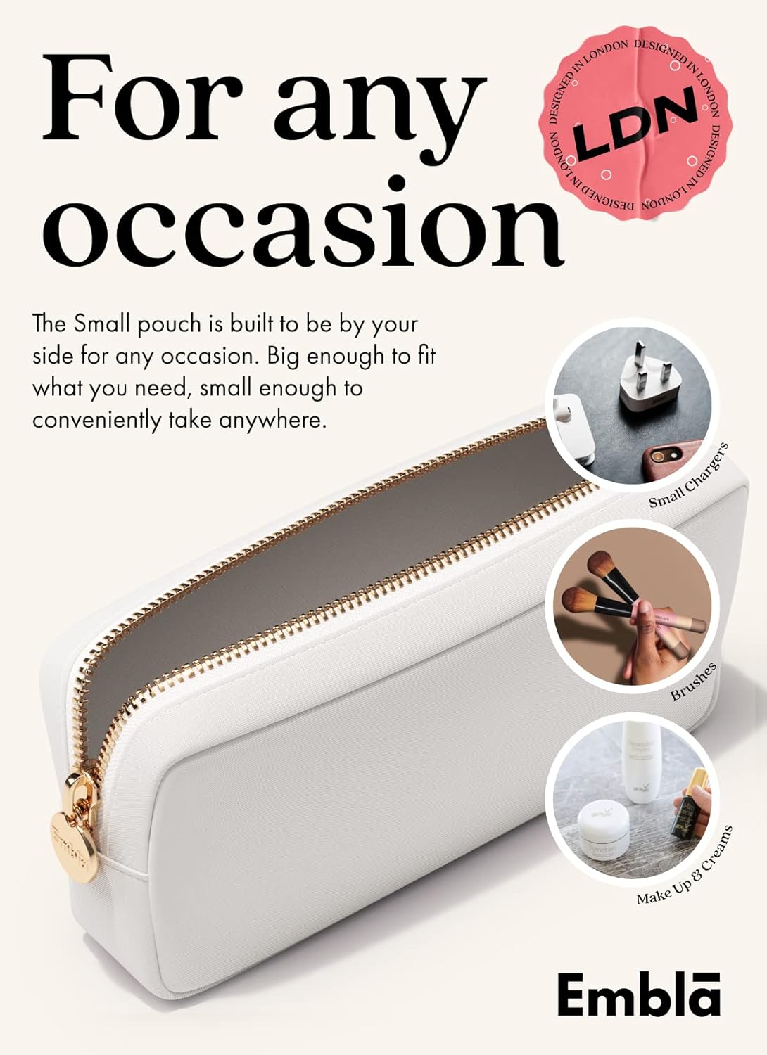 Embla Makeup Bag Travel Cosmetics Pouch and Toiletry Bag, Nylon Zipper Pouch Purse, Cute Make Up Organizer Storage Tote for Women Girls, Waterproof Travel Skincare Case, Small Makeup Bags, White