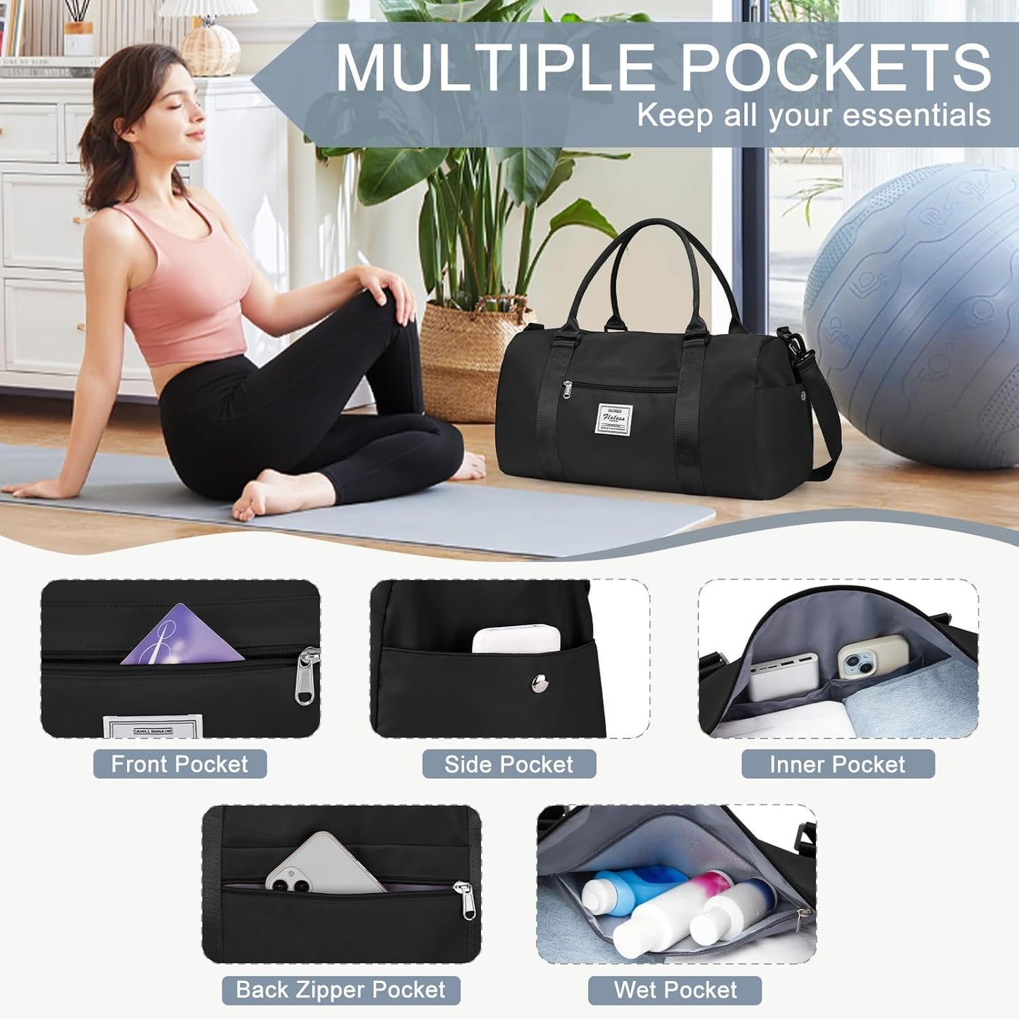 Gym Bag for Women with Shoes Compartment Small Duffel Bag Sport bag with Toiletry Bag Overnight Travel Tote Bags Weekender Carry on Personal Item Bags for Airlines Black