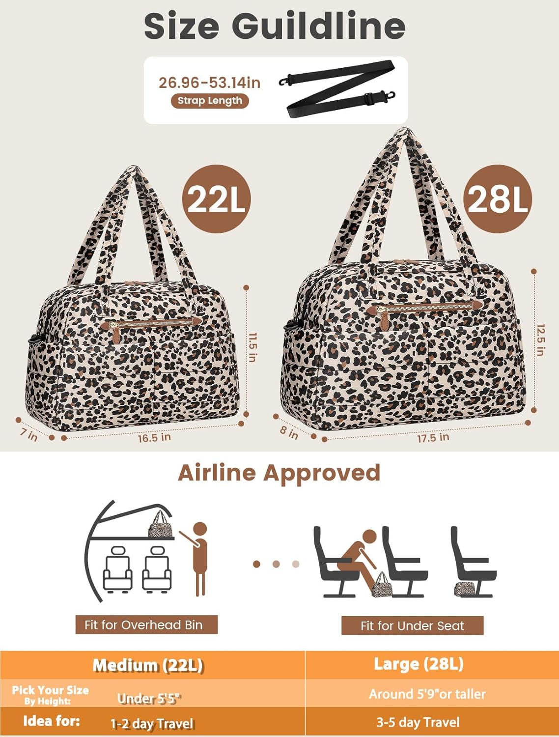 Travel Duffle Bag,Puffer Carry On Duffel Bag with Laptop Compartment Waterproof Overnight Weekender Bags for Women Large Hospital Tote Bags for Labor and Delivery(Medium,Leopard)