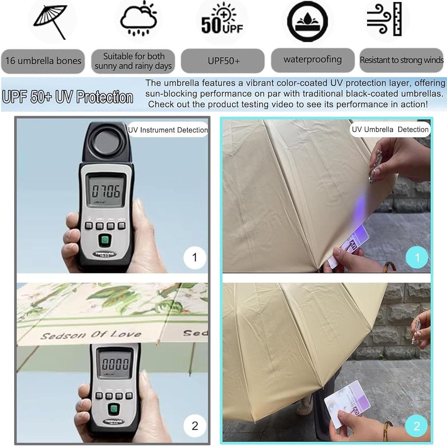 Folding umbrella for rain and sun UPF 50+ UV Protection Windproof waterproofing and Strong Travel Essentials for Men Womens Umbrella 16 Ribs Wooden Handle Flower Travel Umbrella Compact