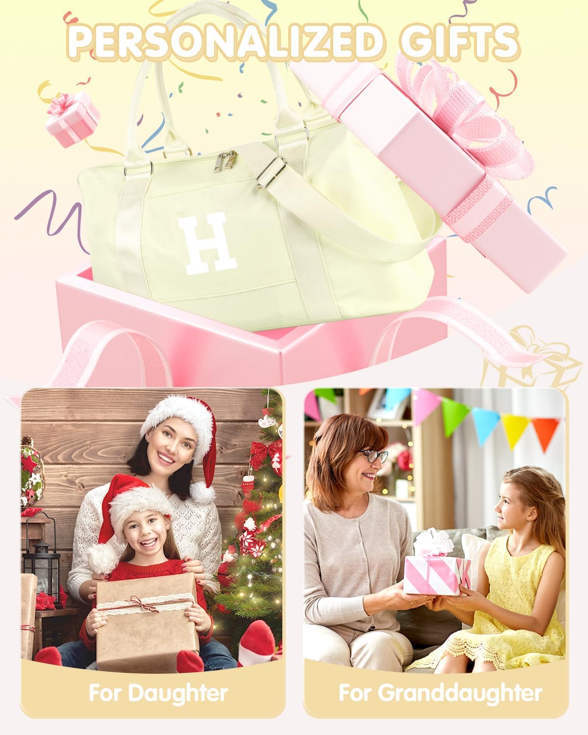 Initial Travel Duffel Bag Sports Gym Bag for Kids Teen Birthday Gifts,Beige Personalized Weekender Carry On Dance Bags for Women Men,Waterproof Monogram Overnight Bag with Trolley Sleeve(Letter H)