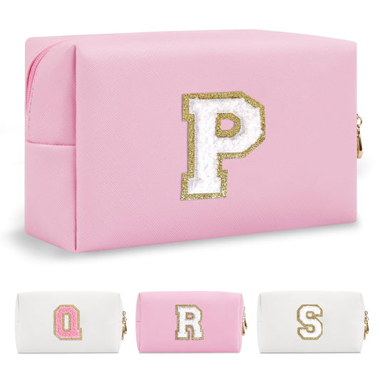 Personalized Initial A-Z Preppy Patch Makeup Bag,Small PU Chenille Letter Cosmetic Bag with Zipper for Teen Girls,Pink Cute Toiletry Organizer Bag,Monogram Makeup Case Gift for Women Girls,Letter P